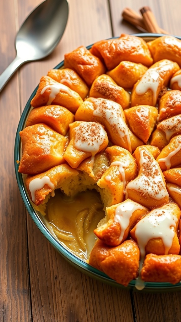 Cinnamon Monkey Bread Casserole A golden brown cinnamon monkey bread casserole drizzled with glaze, served on a rustic table with cinnamon sticks.